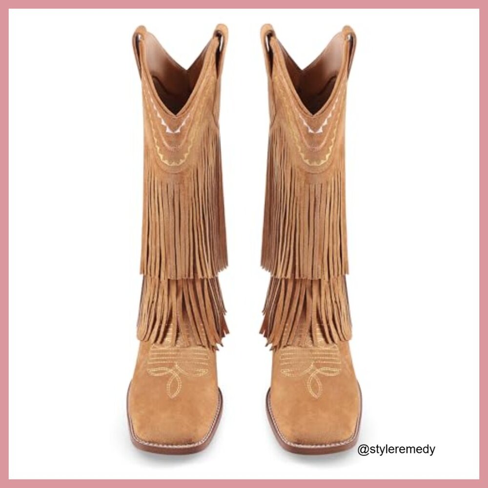 Fringe Mid Calf Cowgirl Boots with Low Chunky Block Heel Square Toe Pull On - Picture 5 of 6